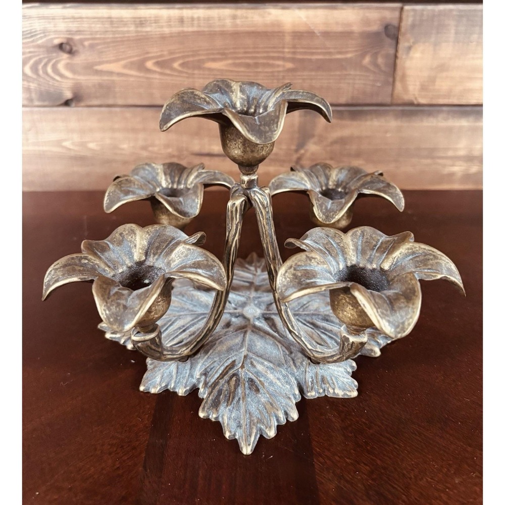Vintage Italy Brass 5 Flame Lily Candle Holder Floral Candelabra Boho Regency